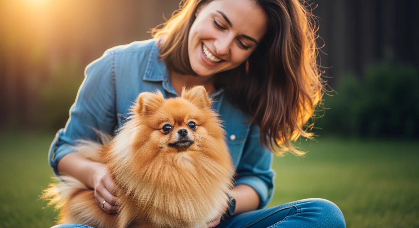 Jeune femme avec son Spitz Nain blanc sur les genoux dans un jardin ensoleille